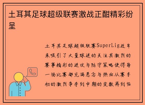 土耳其足球超级联赛激战正酣精彩纷呈 土耳其足球超级联赛激战正酣精彩纷呈
